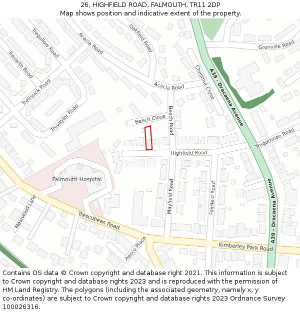 26, HIGHFIELD ROAD, FALMOUTH, TR11 2DP: Location map and indicative extent of plot