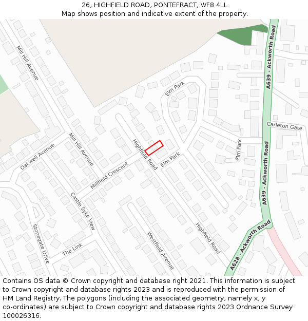 26, HIGHFIELD ROAD, PONTEFRACT, WF8 4LL: Location map and indicative extent of plot