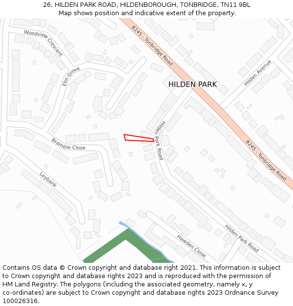 26, HILDEN PARK ROAD, HILDENBOROUGH, TONBRIDGE, TN11 9BL: Location map and indicative extent of plot