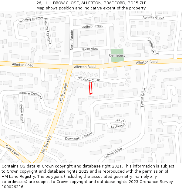 26, HILL BROW CLOSE, ALLERTON, BRADFORD, BD15 7LP: Location map and indicative extent of plot