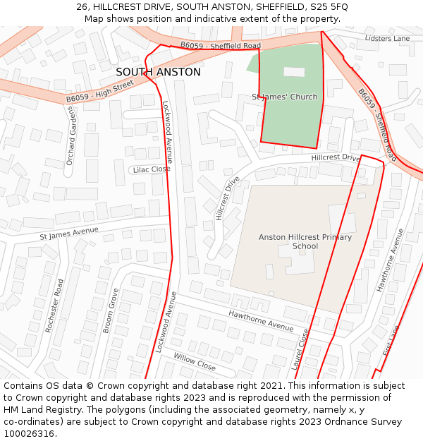 26, HILLCREST DRIVE, SOUTH ANSTON, SHEFFIELD, S25 5FQ: Location map and indicative extent of plot