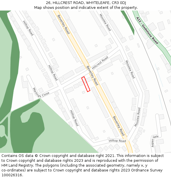26, HILLCREST ROAD, WHYTELEAFE, CR3 0DJ: Location map and indicative extent of plot