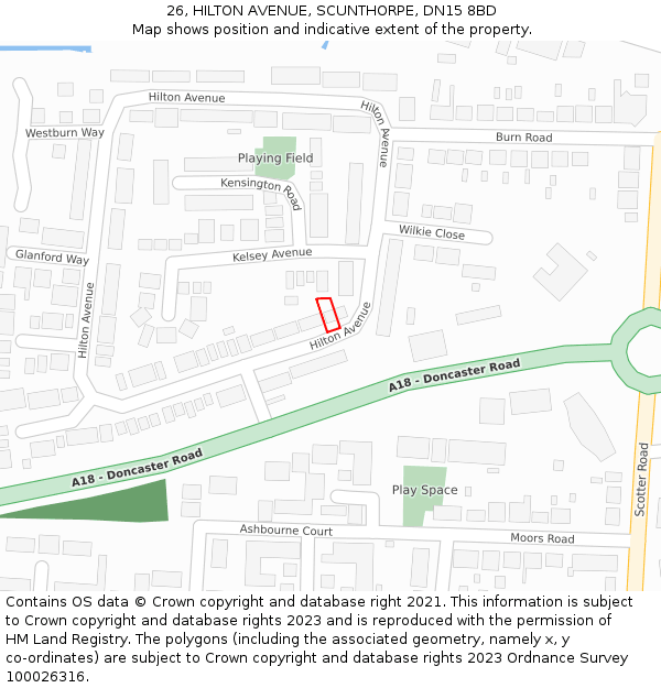 26, HILTON AVENUE, SCUNTHORPE, DN15 8BD: Location map and indicative extent of plot