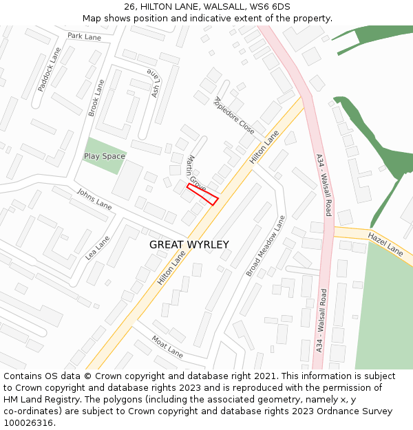 26, HILTON LANE, WALSALL, WS6 6DS: Location map and indicative extent of plot