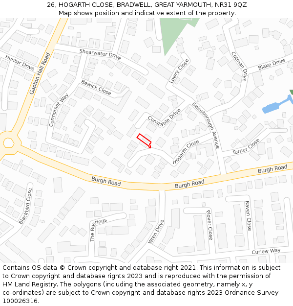 26, HOGARTH CLOSE, BRADWELL, GREAT YARMOUTH, NR31 9QZ: Location map and indicative extent of plot