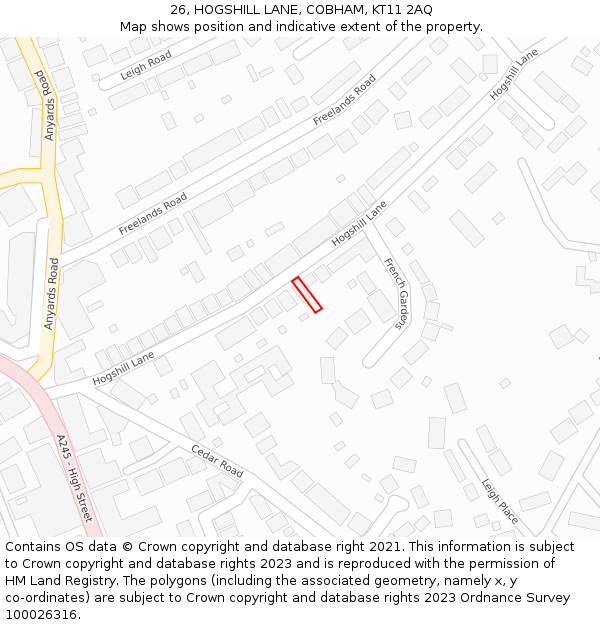 26, HOGSHILL LANE, COBHAM, KT11 2AQ: Location map and indicative extent of plot