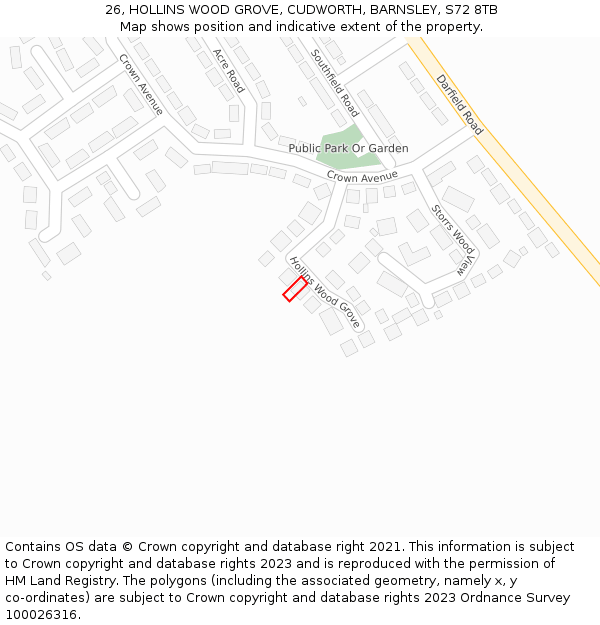 26, HOLLINS WOOD GROVE, CUDWORTH, BARNSLEY, S72 8TB: Location map and indicative extent of plot