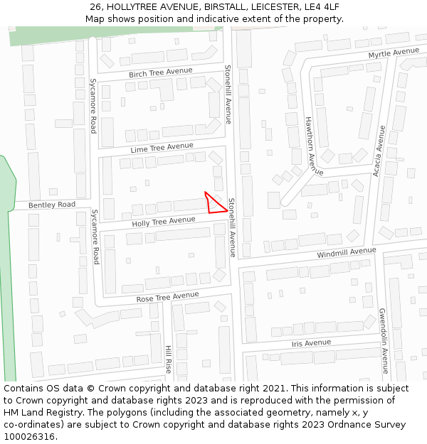 26, HOLLYTREE AVENUE, BIRSTALL, LEICESTER, LE4 4LF: Location map and indicative extent of plot