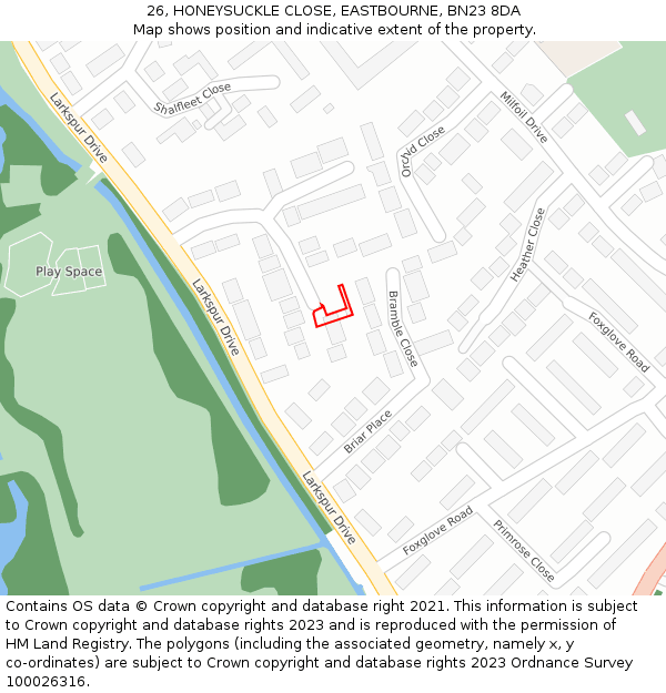 26, HONEYSUCKLE CLOSE, EASTBOURNE, BN23 8DA: Location map and indicative extent of plot