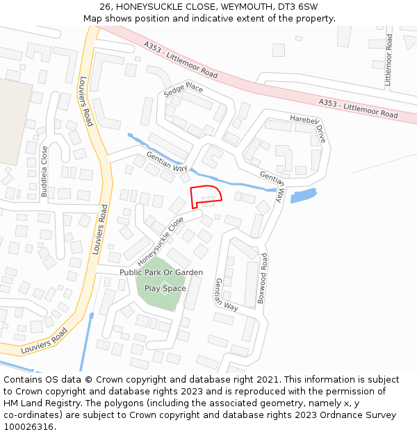 26, HONEYSUCKLE CLOSE, WEYMOUTH, DT3 6SW: Location map and indicative extent of plot