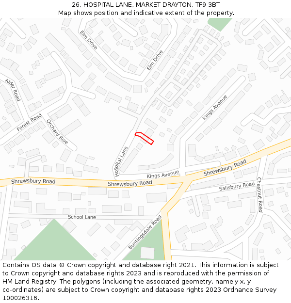 26, HOSPITAL LANE, MARKET DRAYTON, TF9 3BT: Location map and indicative extent of plot