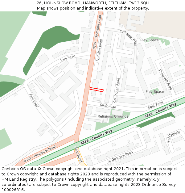 26, HOUNSLOW ROAD, HANWORTH, FELTHAM, TW13 6QH: Location map and indicative extent of plot