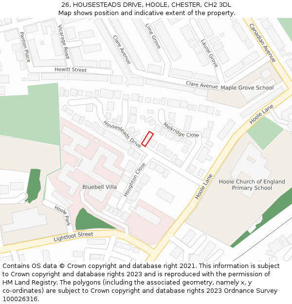 26, HOUSESTEADS DRIVE, HOOLE, CHESTER, CH2 3DL: Location map and indicative extent of plot