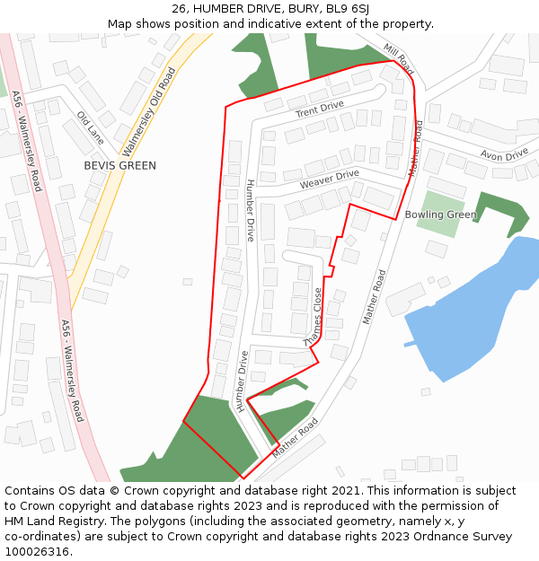 26, HUMBER DRIVE, BURY, BL9 6SJ: Location map and indicative extent of plot