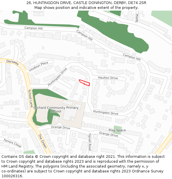 26, HUNTINGDON DRIVE, CASTLE DONINGTON, DERBY, DE74 2SR: Location map and indicative extent of plot