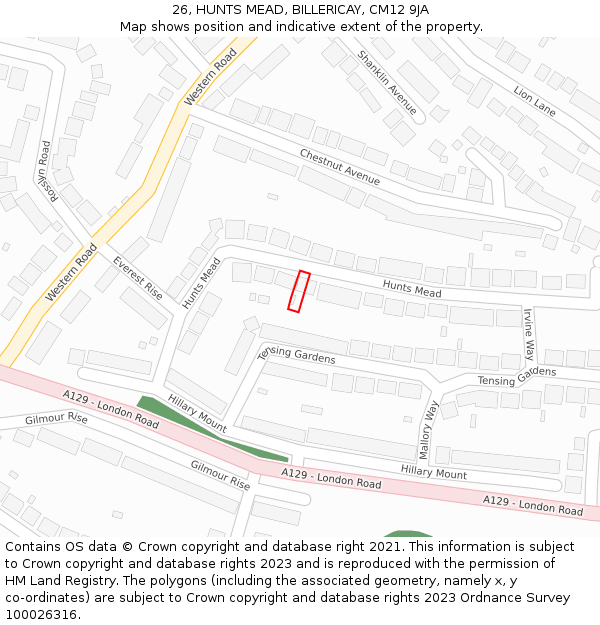 26, HUNTS MEAD, BILLERICAY, CM12 9JA: Location map and indicative extent of plot