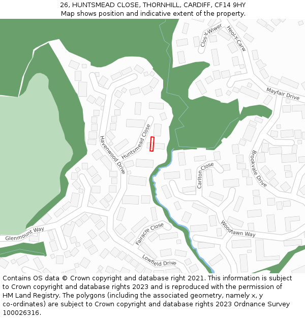 26, HUNTSMEAD CLOSE, THORNHILL, CARDIFF, CF14 9HY: Location map and indicative extent of plot