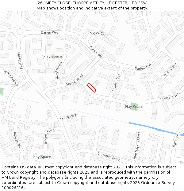26, IMPEY CLOSE, THORPE ASTLEY, LEICESTER, LE3 3SW: Location map and indicative extent of plot