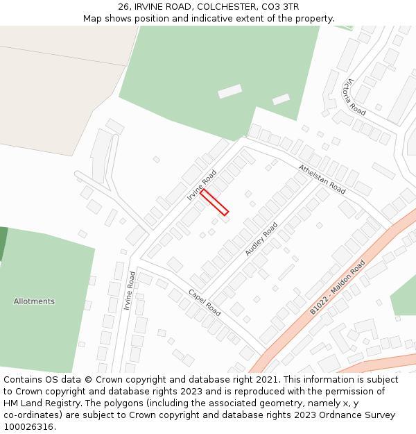 26, IRVINE ROAD, COLCHESTER, CO3 3TR: Location map and indicative extent of plot