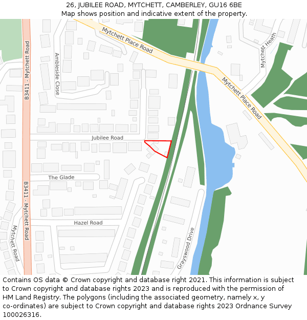 26, JUBILEE ROAD, MYTCHETT, CAMBERLEY, GU16 6BE: Location map and indicative extent of plot