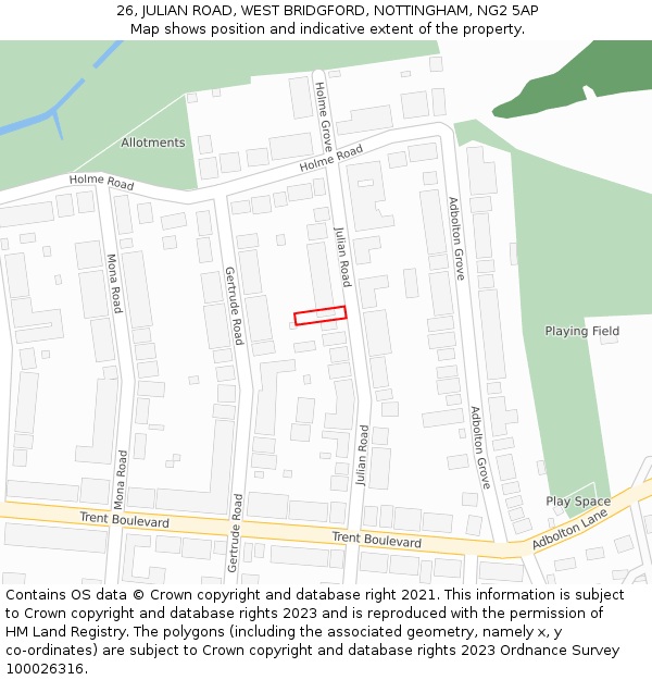 26, JULIAN ROAD, WEST BRIDGFORD, NOTTINGHAM, NG2 5AP: Location map and indicative extent of plot