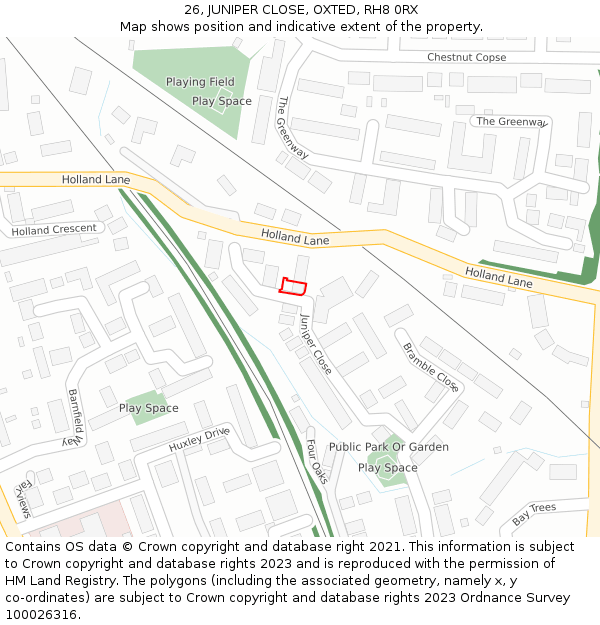 26, JUNIPER CLOSE, OXTED, RH8 0RX: Location map and indicative extent of plot