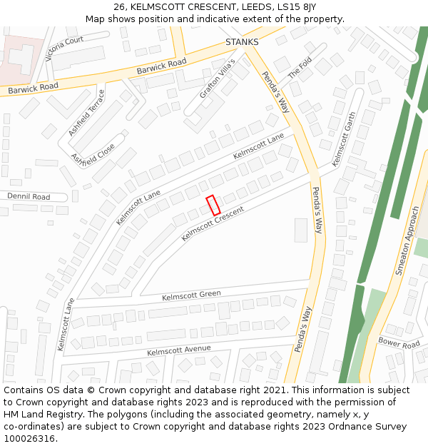 26, KELMSCOTT CRESCENT, LEEDS, LS15 8JY: Location map and indicative extent of plot