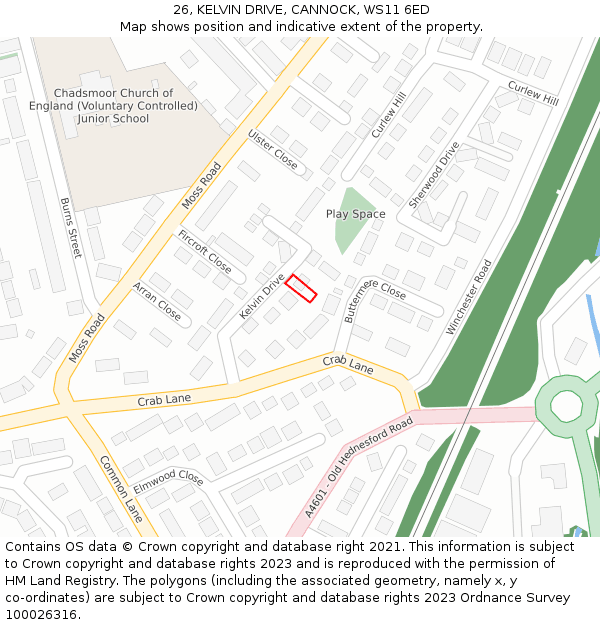 26, KELVIN DRIVE, CANNOCK, WS11 6ED: Location map and indicative extent of plot