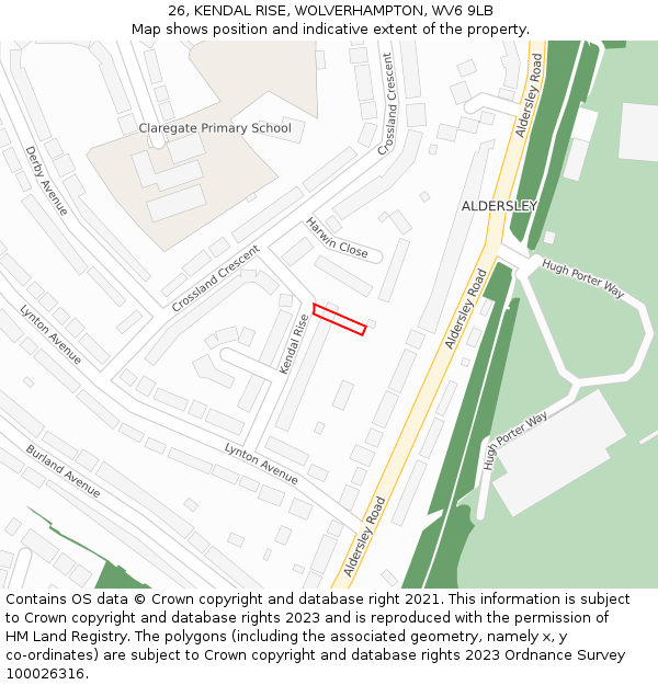 26, KENDAL RISE, WOLVERHAMPTON, WV6 9LB: Location map and indicative extent of plot