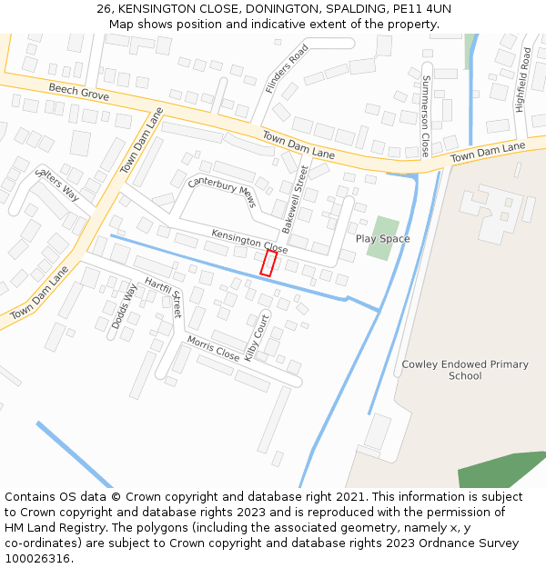 26, KENSINGTON CLOSE, DONINGTON, SPALDING, PE11 4UN: Location map and indicative extent of plot