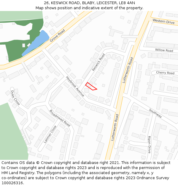 26, KESWICK ROAD, BLABY, LEICESTER, LE8 4AN: Location map and indicative extent of plot