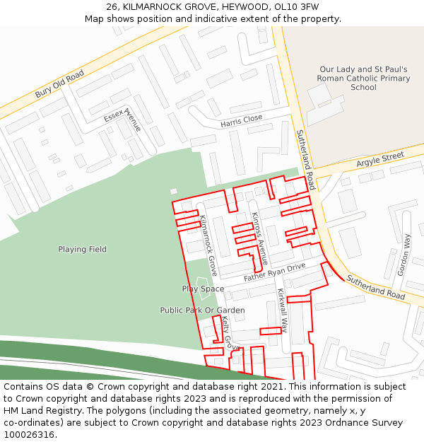 26, KILMARNOCK GROVE, HEYWOOD, OL10 3FW: Location map and indicative extent of plot