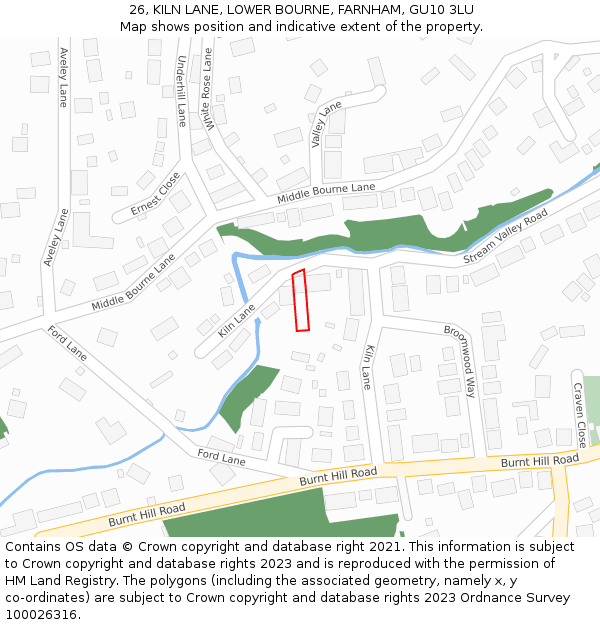 26, KILN LANE, LOWER BOURNE, FARNHAM, GU10 3LU: Location map and indicative extent of plot