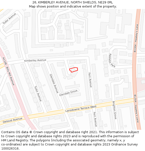 26, KIMBERLEY AVENUE, NORTH SHIELDS, NE29 0RL: Location map and indicative extent of plot