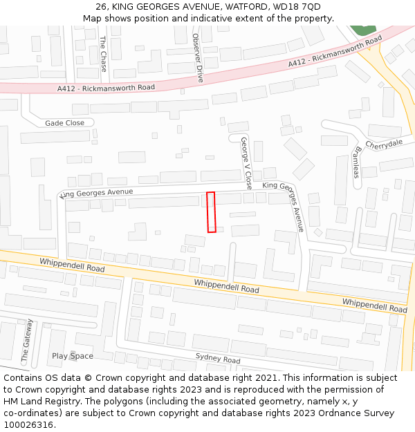 26, KING GEORGES AVENUE, WATFORD, WD18 7QD: Location map and indicative extent of plot