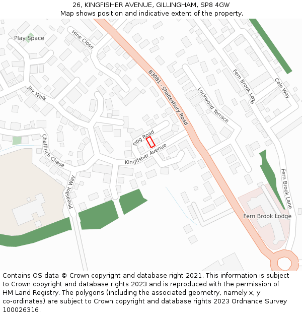 26, KINGFISHER AVENUE, GILLINGHAM, SP8 4GW: Location map and indicative extent of plot