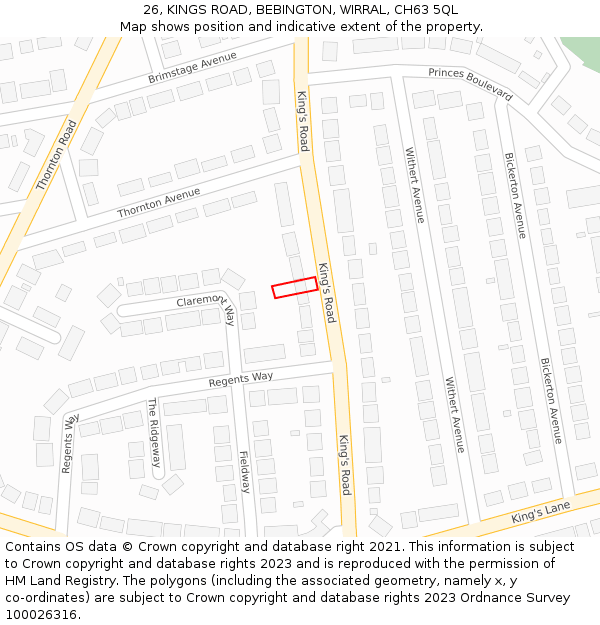 26, KINGS ROAD, BEBINGTON, WIRRAL, CH63 5QL: Location map and indicative extent of plot