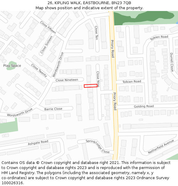26, KIPLING WALK, EASTBOURNE, BN23 7QB: Location map and indicative extent of plot