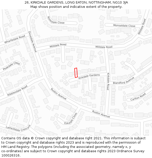 26, KIRKDALE GARDENS, LONG EATON, NOTTINGHAM, NG10 3JA: Location map and indicative extent of plot