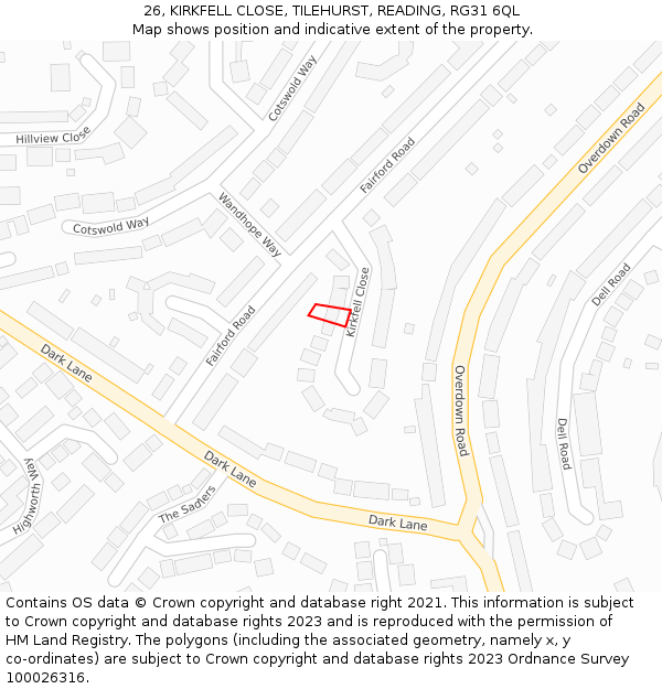 26, KIRKFELL CLOSE, TILEHURST, READING, RG31 6QL: Location map and indicative extent of plot