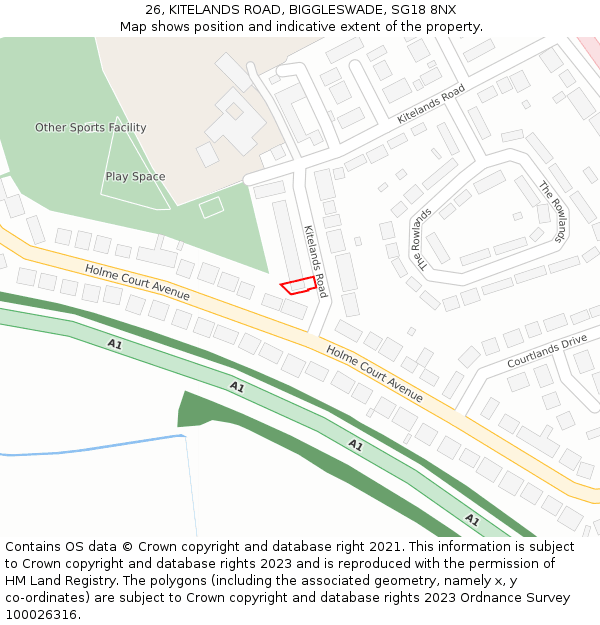 26, KITELANDS ROAD, BIGGLESWADE, SG18 8NX: Location map and indicative extent of plot