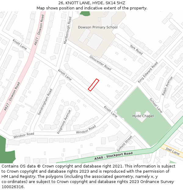 26, KNOTT LANE, HYDE, SK14 5HZ: Location map and indicative extent of plot