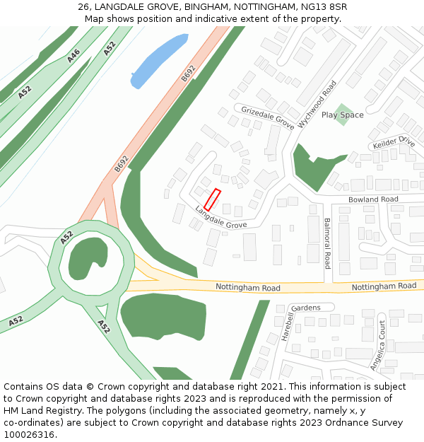 26, LANGDALE GROVE, BINGHAM, NOTTINGHAM, NG13 8SR: Location map and indicative extent of plot