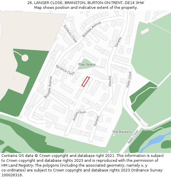 26, LANGER CLOSE, BRANSTON, BURTON-ON-TRENT, DE14 3HW: Location map and indicative extent of plot