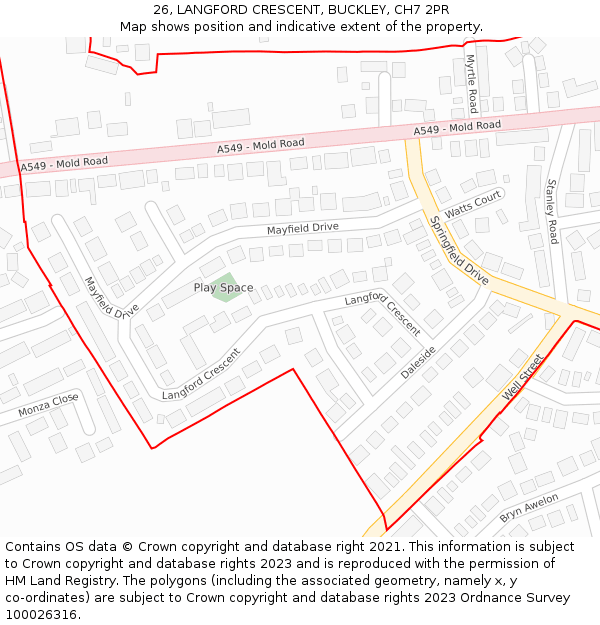 26, LANGFORD CRESCENT, BUCKLEY, CH7 2PR: Location map and indicative extent of plot