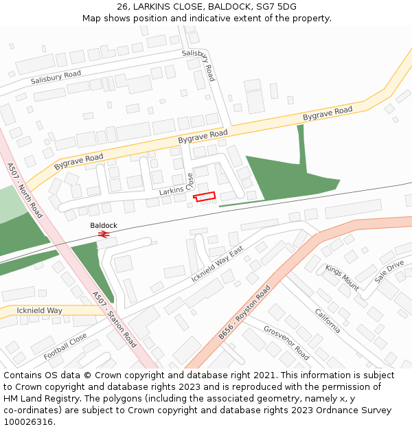 26, LARKINS CLOSE, BALDOCK, SG7 5DG: Location map and indicative extent of plot