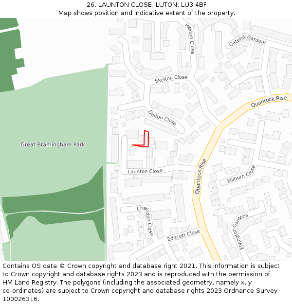 26, LAUNTON CLOSE, LUTON, LU3 4BF: Location map and indicative extent of plot