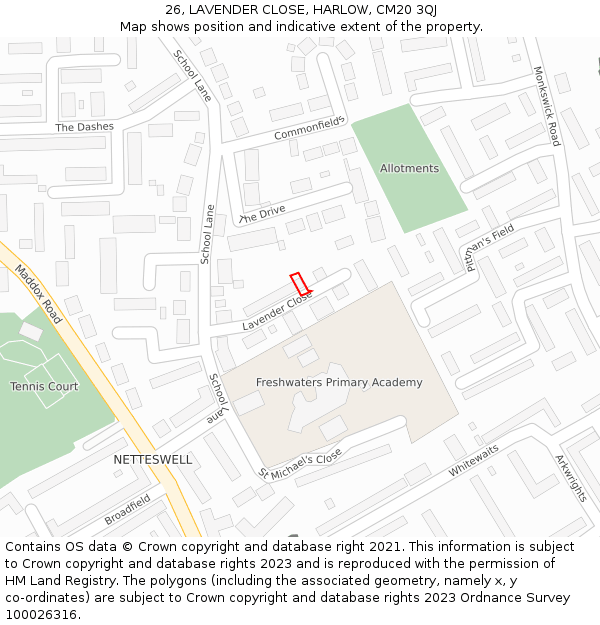 26, LAVENDER CLOSE, HARLOW, CM20 3QJ: Location map and indicative extent of plot