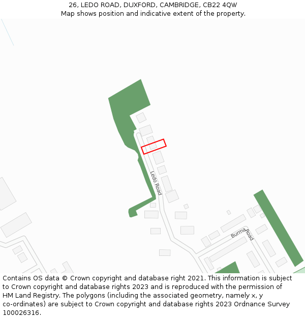 26, LEDO ROAD, DUXFORD, CAMBRIDGE, CB22 4QW: Location map and indicative extent of plot