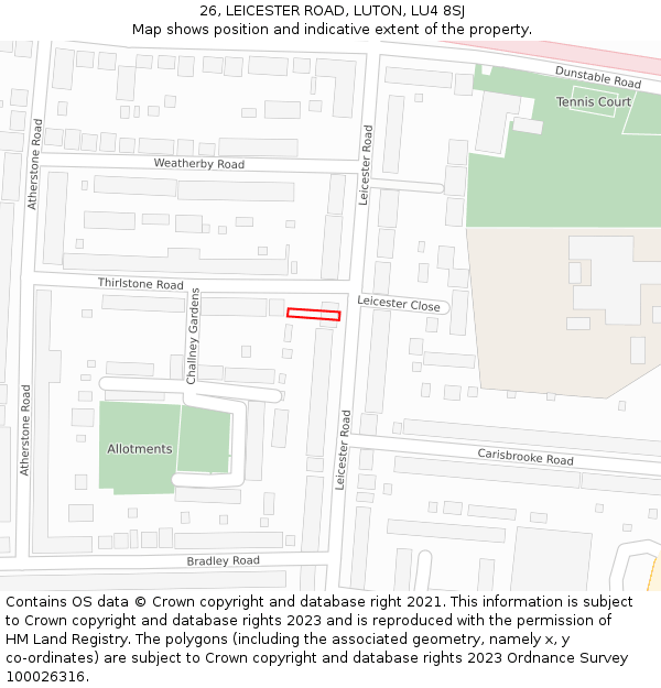 26, LEICESTER ROAD, LUTON, LU4 8SJ: Location map and indicative extent of plot